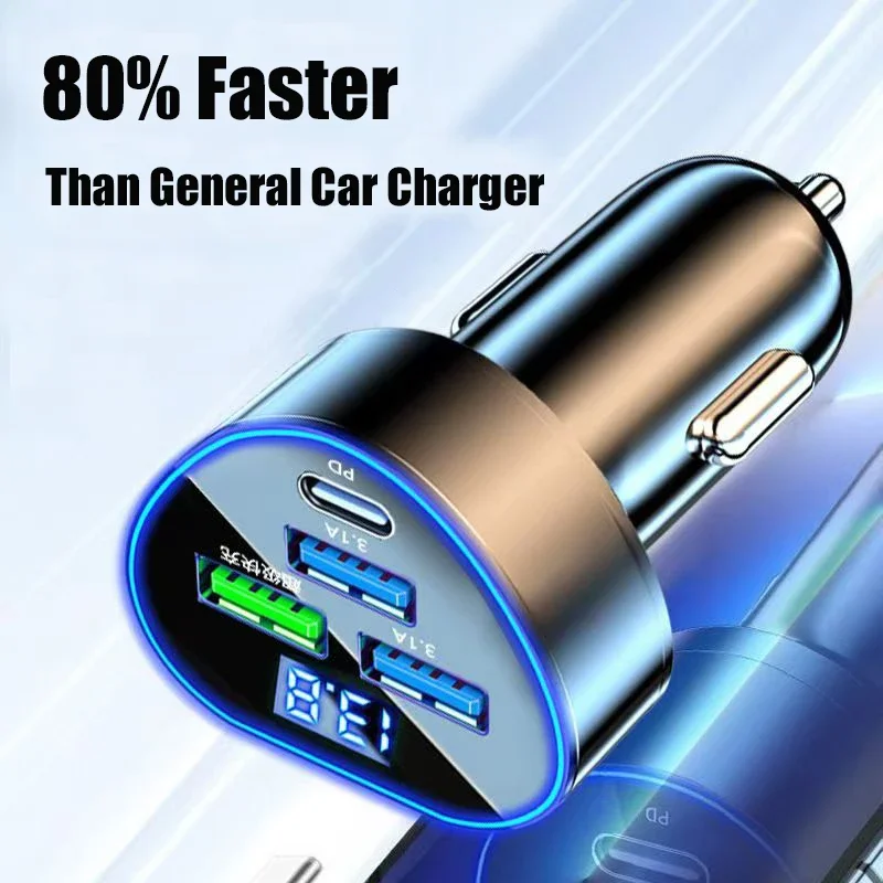 Car Phone Charger 4 in 1 USB C With Voltage Display Super Fast For iPhone 15 Samsung Huawei Oneplus