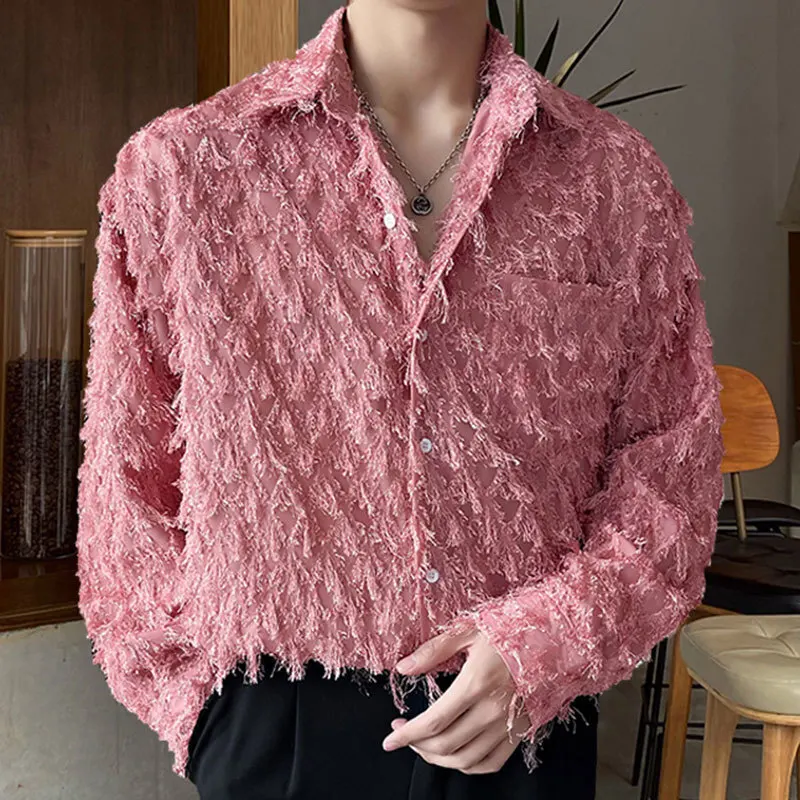 Spring Korean Vintage Lace Dress Shirt Stage Clothing Men See