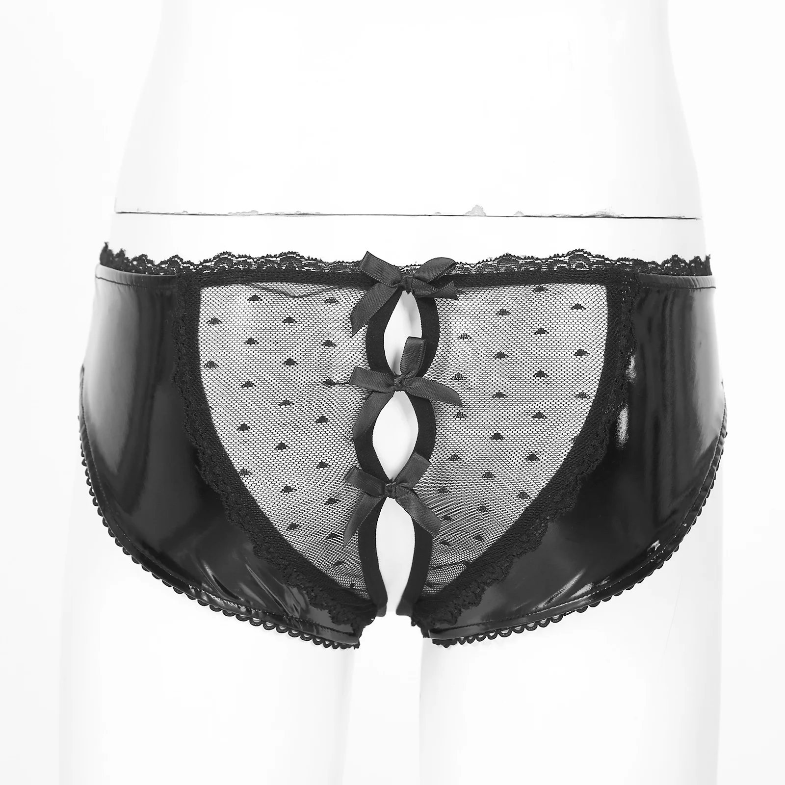Tiaobug Womens Black Lace & Pu Leather Patchwork Open Crotch Thongs Nightwear Briefs Glossy Low Waist Panties with Bowknots