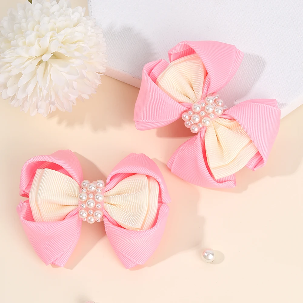 2Pcs Trendy Flower Bud Bow Hair Clips For Girls Sweet Rhinestone Pink Bownot Hairpins Kids Daily New Headwear Hair Accessories