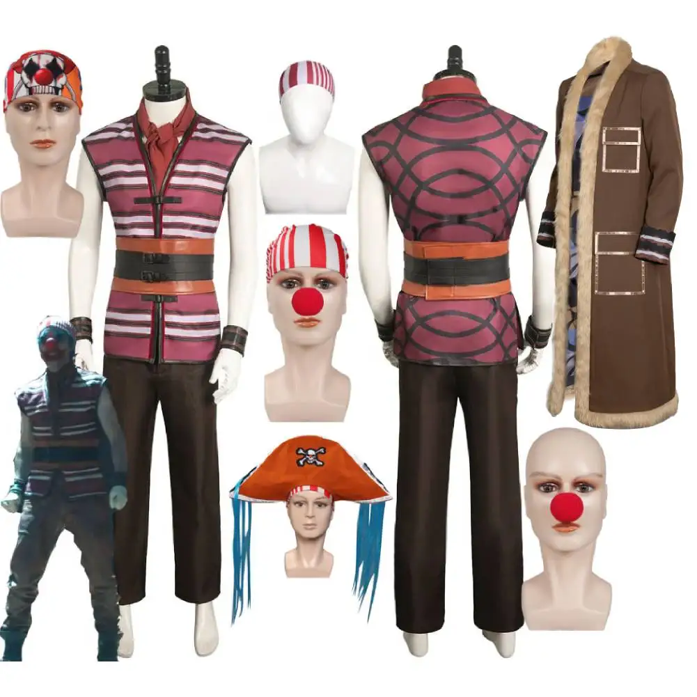 

Buggy Cosplay Fantasia Costume Disguise Adult Men Pirate Hat Coat Pants Headband Scarf Outfits Halloween Carnival Suit