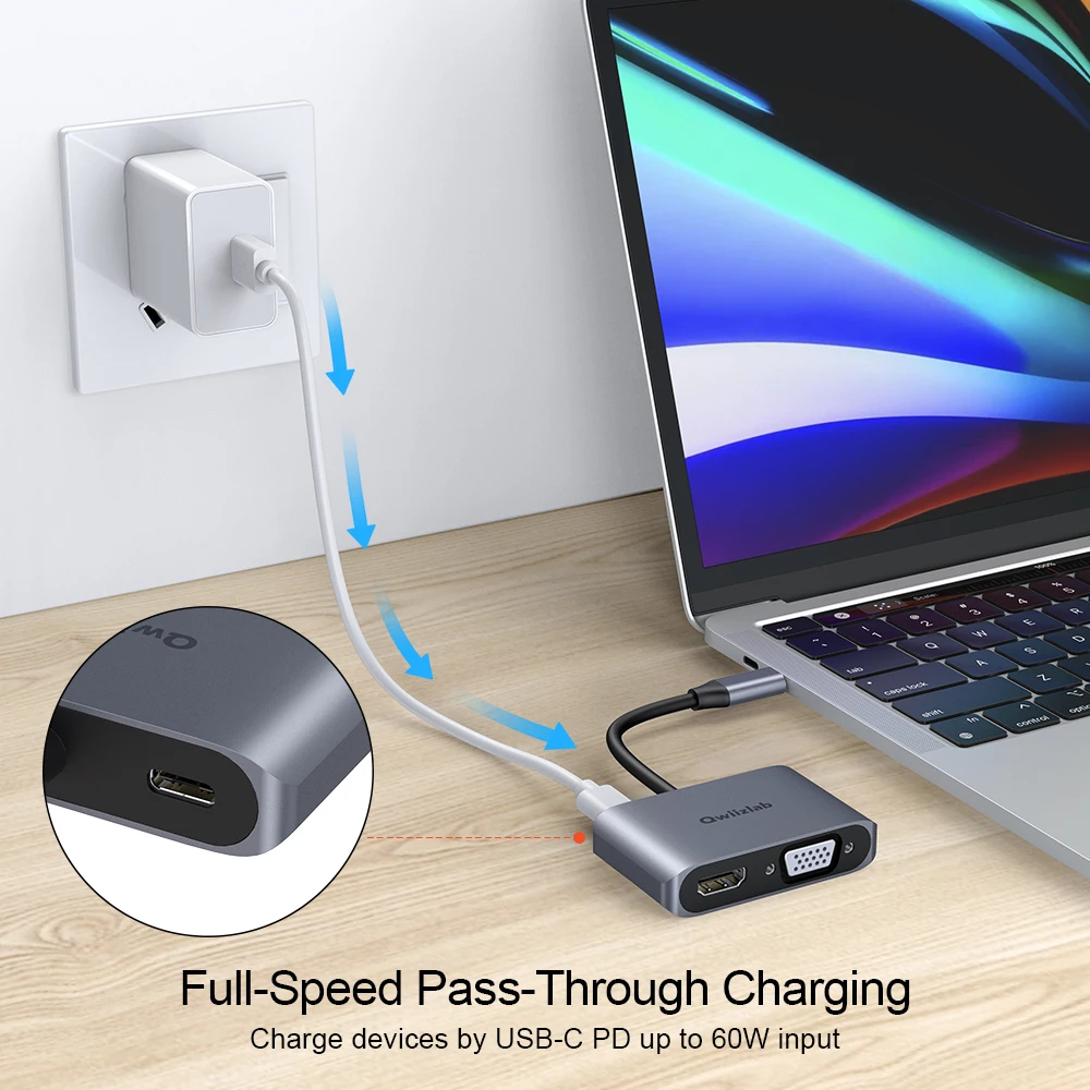Фото Адаптер Qwiizlab с USB Type-C на 4K HDMI и переходник 1080P VGA, питание 100 Вт, совместим с iPhone 15 Pro/Max, Windows PC La №5