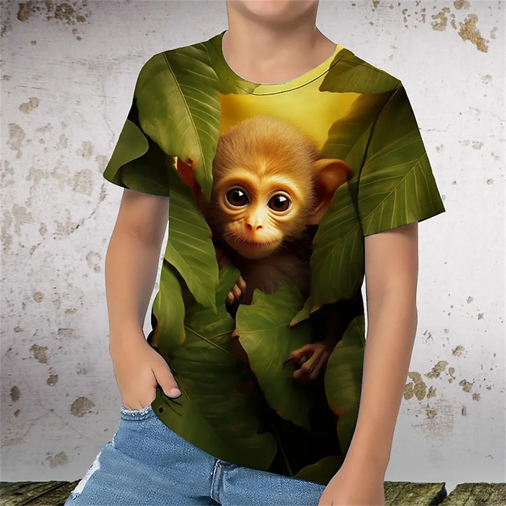 Camiseta infantil de manga curta com estampa de macaco, roupas infantis, camisetas casuais com gola O, traje infantil, envio de 3 dias, roupas de verão