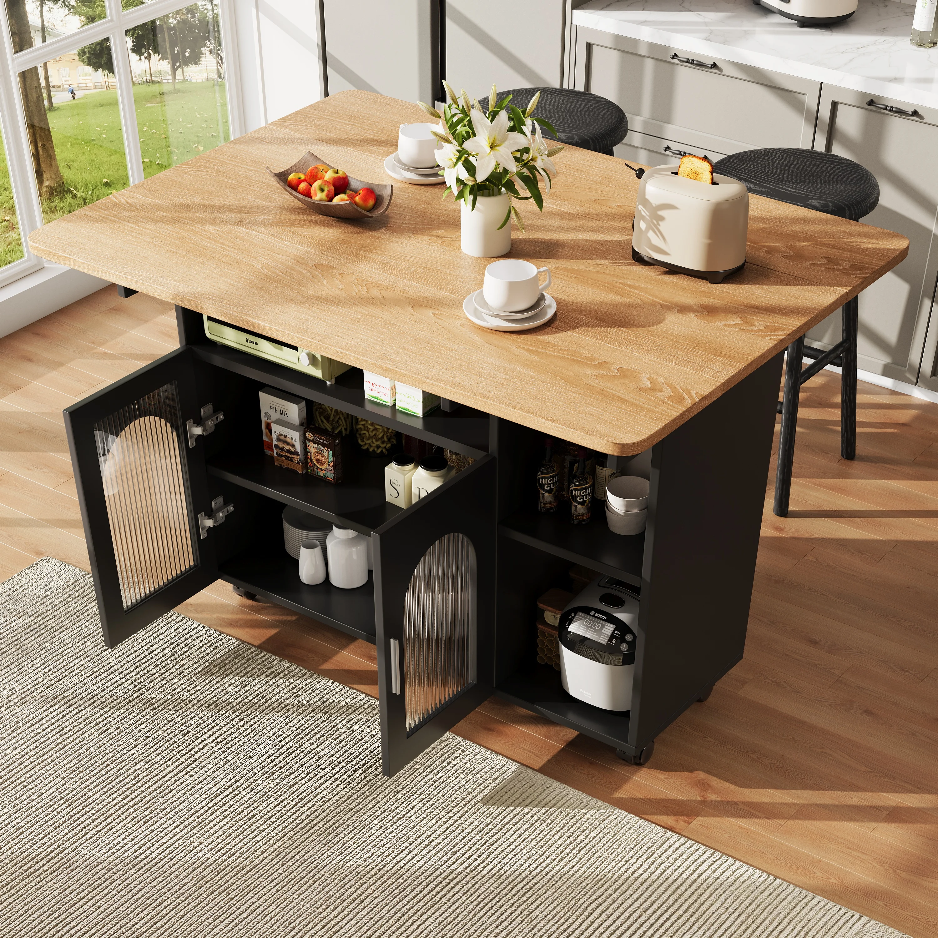 Moderner abnehmbarer Servierwagen für Kücheninsel, Esszimmerwagen mit Holzgitter, multifunktionaler Esstisch mit Stauraum – Detail 1