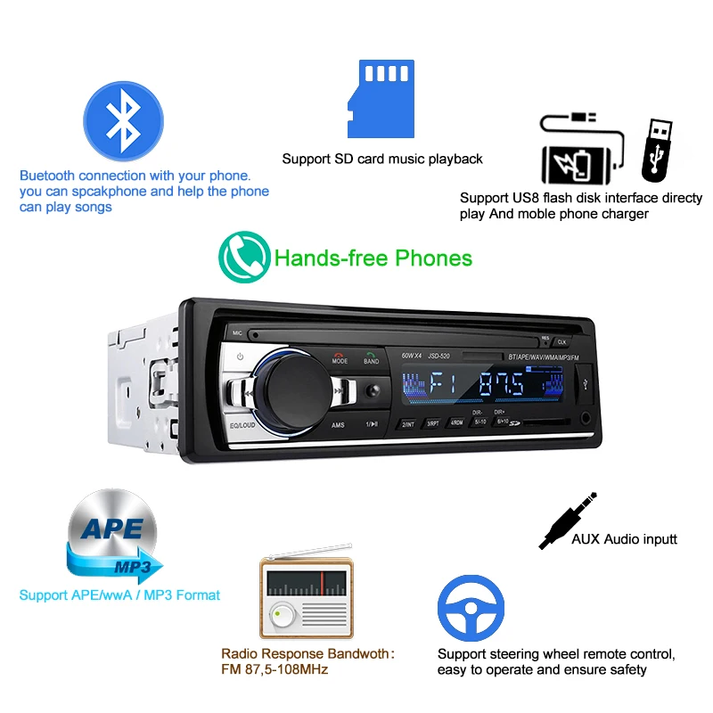 Car Radio 1DIN USB MP3 Player SD Card Bluetooth FM Receiver 520 12V WMA/WAV Cheap 4*60W EQ with Steering Wheel Remote Control pioneer car audio