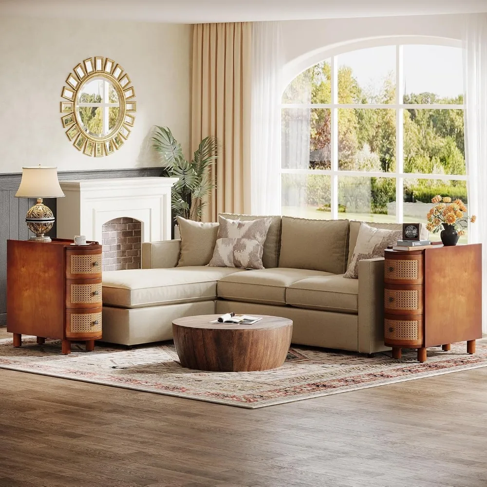 3-Drawer Rattan End Table, Solid Wood Sofa Side Table with Vintage Embossed Handles, Nightstand 6