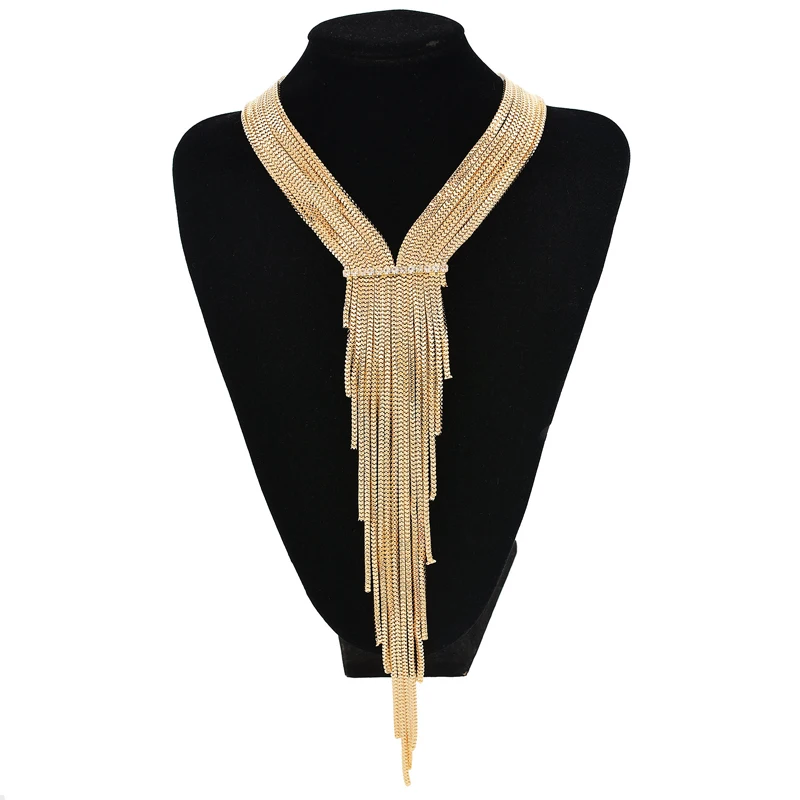 

Long Tassels Necklace For Women Alloy Rhinestones Punk Gypsy Indian Party Jewelry Bohe Ethnic Chokers Necklace Female