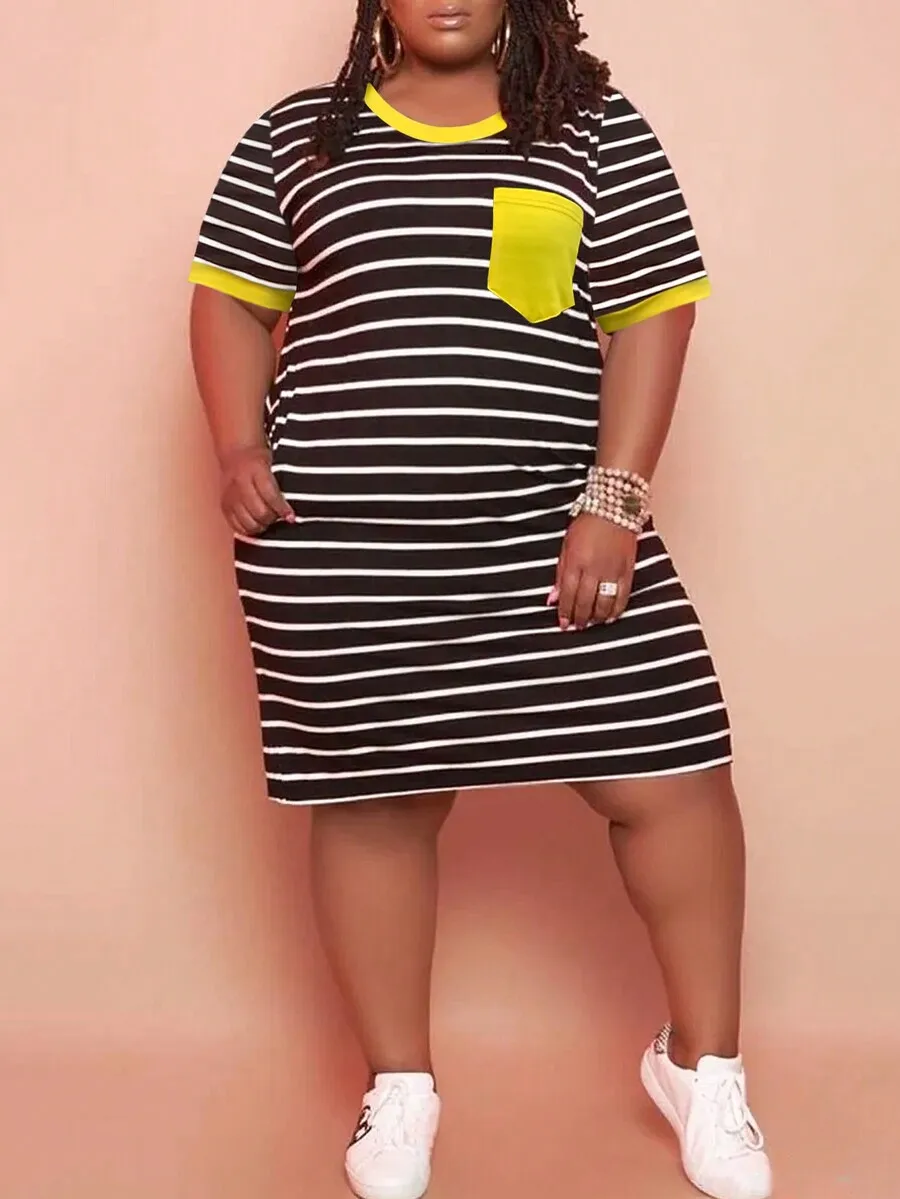Plus Size Women Striped Contrast T-Shirt Dress Summer Casual - Image 2
