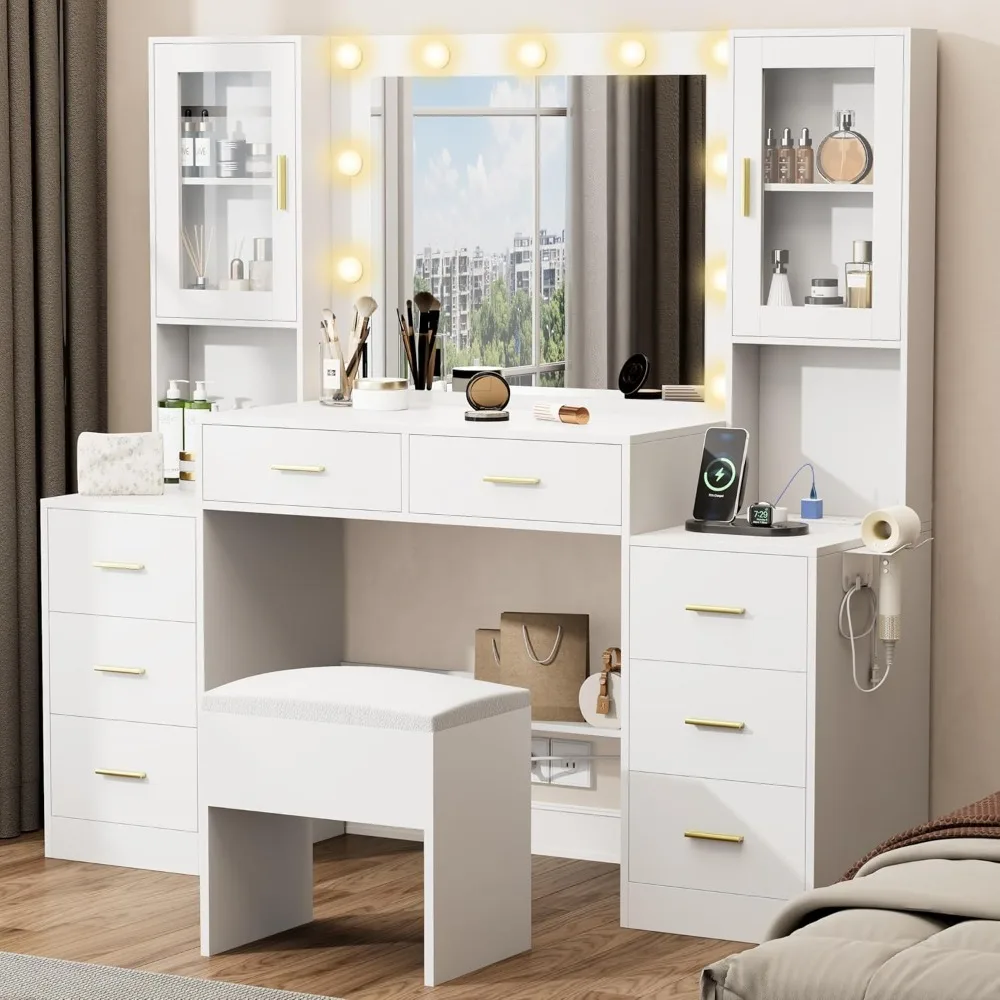 Large Vanity Desk with Mirror & Lights, White Makeup Vanity with Power Outlet and 8 Drawers, 2 Cabinets, Vanity Table with Light 4