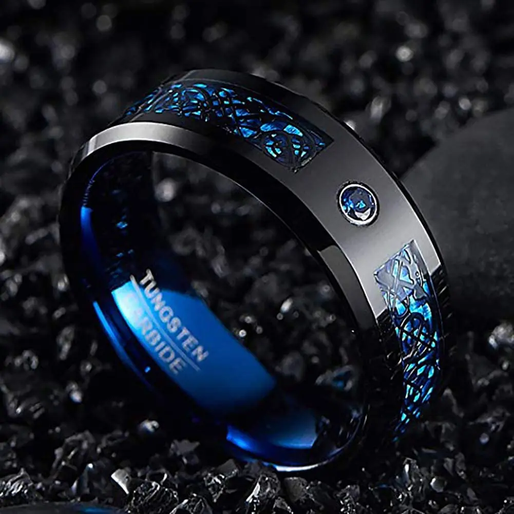 Wedding Rings Men 8mm Stainless Steel Celtic Dragon Ring Inlay Blue Zircon Stone Blue Carbon Fibre