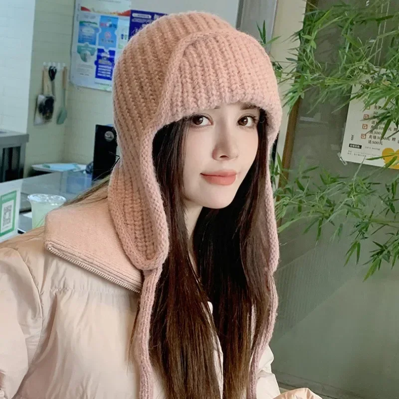 Fashion Ear Protection Knit Hat Winter Warm Cold Proof Flying Cap Solid Color Woolen Crochet Bonnet Korean Women Wool Beanie 5