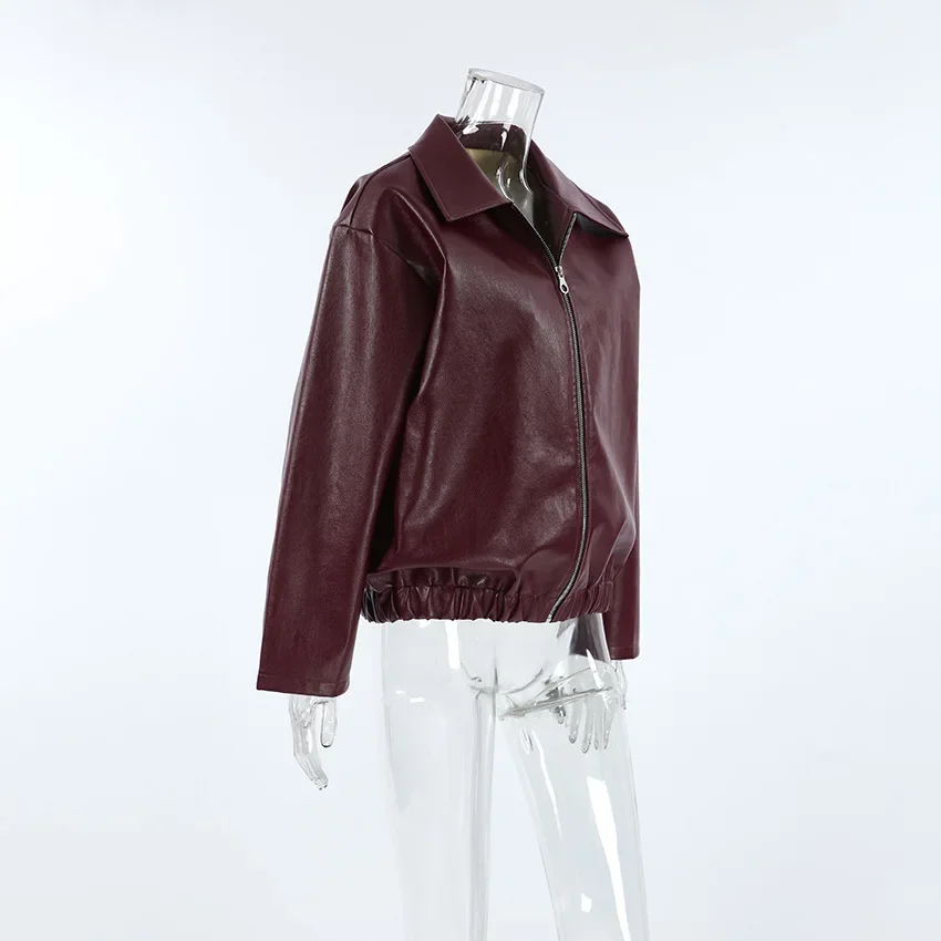 Angola Red Leather Jacket Zip Motorbike Jackets Bomber Jacket Fashion Outerwear Autumn Winter Tops Women Clothes Coat Streetwear