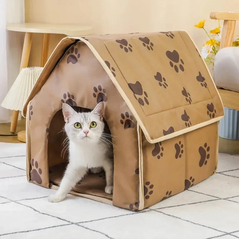 Pet House Portable Cat Dog Villa Footprint Pattern Cats Dogs Nest Foldable Small Medium Indoor Pets Bed Tent Puppy Kennel Shed