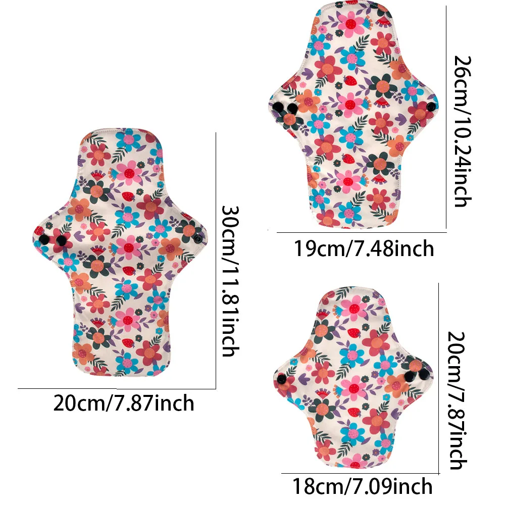 3PCS Washable Cotton Menstrual Pad Reusable Printed Maternal Sanitary Napkin Breathable Soft Care Pad 30cm 26cm 20cm to Choose 3