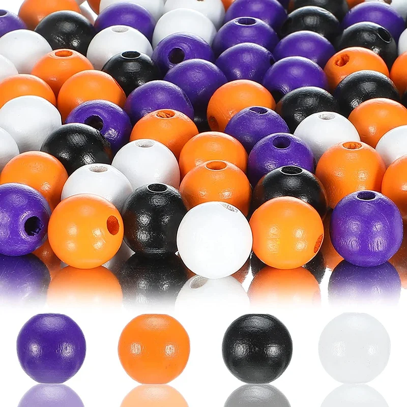 

200Pcs Wood Round Beads Colorful Smooth Painted Loose Beads For Party Decoration DIY Crafts Making (Halloween Color)