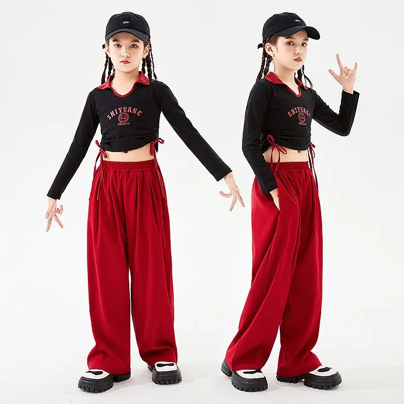 

2023 New Kids Jazz Costume Hip Hop Girls Clothing Black Letter Tops Long Sleeve Hip Hop Pants formance Modern Dancing Clothes