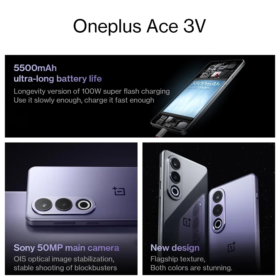 New Oneplus ACE 3V Snapdragon 7+ Gen 3 Octa Core NFC 6.74 Inch 120Hz 2.5D OLED Screen 50MP Camera 5500mAh Battery 100W SUPERVOOC