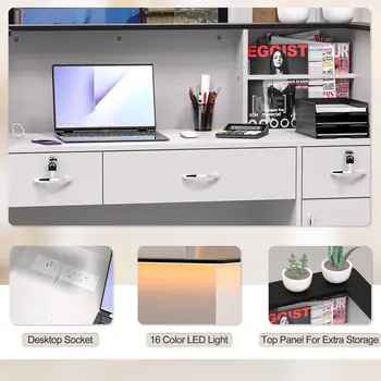 Reception Desk with Counter Modern Front Table Equipped Lockers Storage Shelves Checkout LED Lights DIY Stripe for Lobbies 5