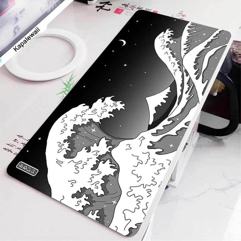 Arte Onda Mouse Pad Xxl 900x400 mm Grande Computador Mousepad Cool Gaming Pad dos Desenhos Animados para Mouse Teclado Desk Mouse Mat Preto e Branco - Imagem 4