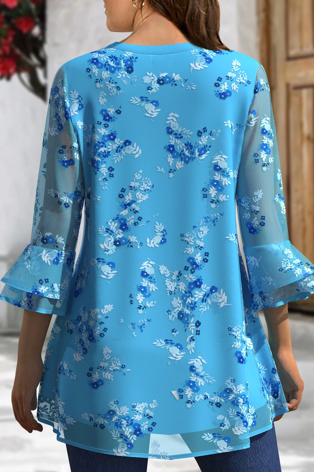 Flycurvy Plus Size Dressy Blue Chiffon Floral Print Pleated Double Layer Ruffled Cuff 3/4 Sleeve Blouse