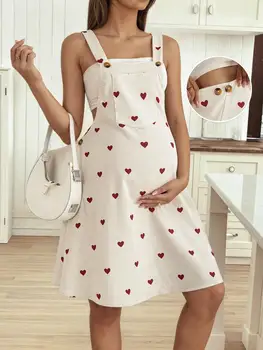 Pregnant Women's Maternity Casual Corduroy Short Overall Dress, Heart Print with Pocket and Button Detail for Summer Daily Wear
