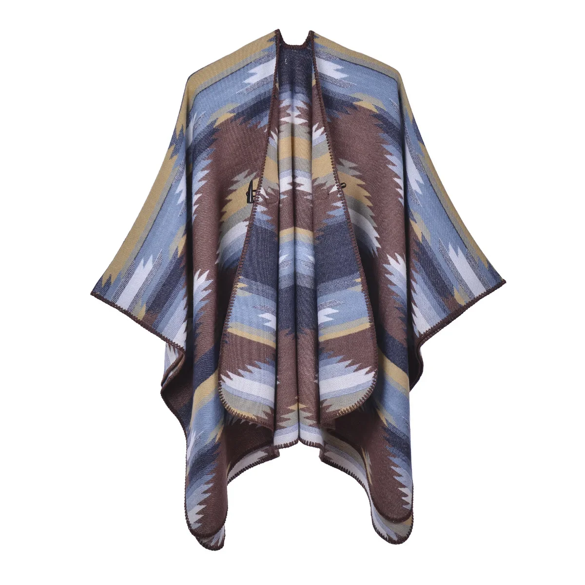 

Imitation Cashmere Poncho Fashionable Ethnic Style Fashion Split Jacquard Cloak Autumn Winter Thickened Cloak Cape Blue