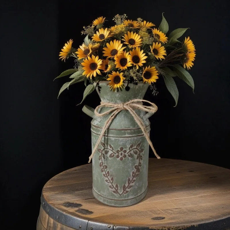 

Vintage Coarse Leaf Milk Can Iron Flower Set Horticultural Flower Pot and Flower Barrel Metal Craft