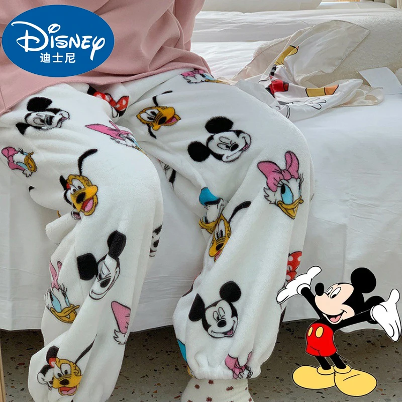 Anime Disney Pajama Pants Kawaii Mickey Mouse Plush Home Pants Cartoon Minnie Coral Velvet Warm Leisure Pajama autumn pants
