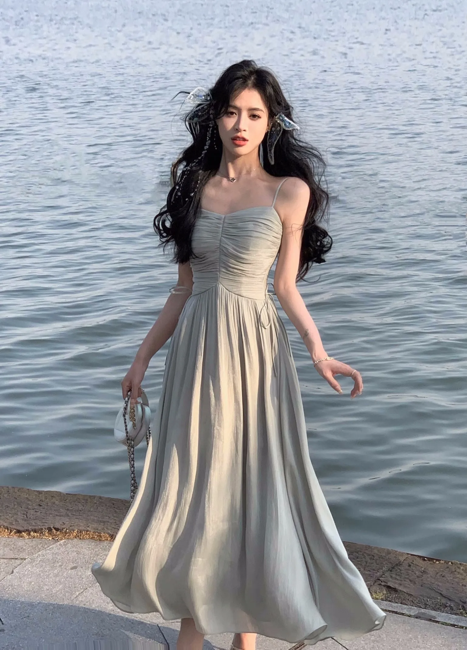 Elegant Shiny Midi Dresses for Women Evening Party Dress Prom Robe Vintage Solid Summer New A-line Spaghetti Strap Vestido Mujer