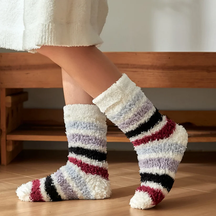 Thermal Sock Womens Plush Grip Stripe Winter Warm Soft Female Home Indoor Silicone Non slip Thick Slipper Floor fluffy Sock