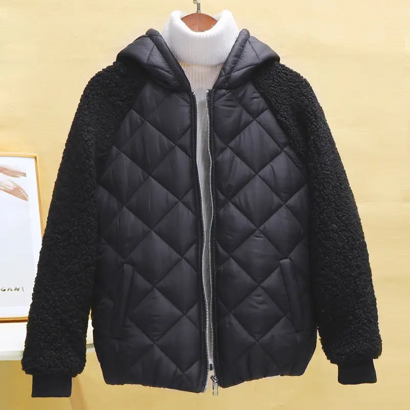2022 Women Thin Down Jacket Short Coat Autumn Winter Female Hooded Loose Imitation lamb Wool Cotton Jacket Solid Zipper Outwear