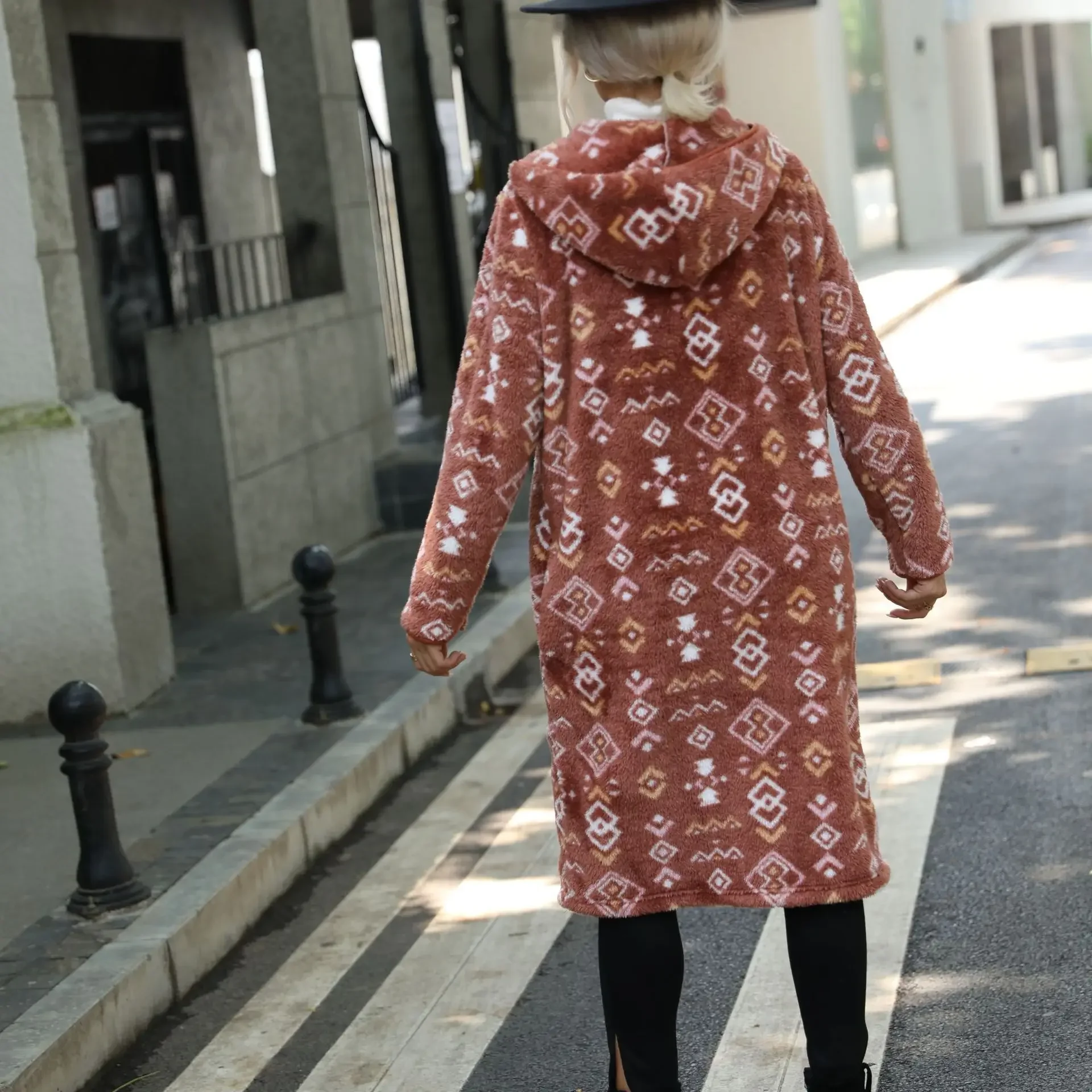European and American women's hooded long sleeved geometric printing single breasted extended regular plush coat woolen cloth
