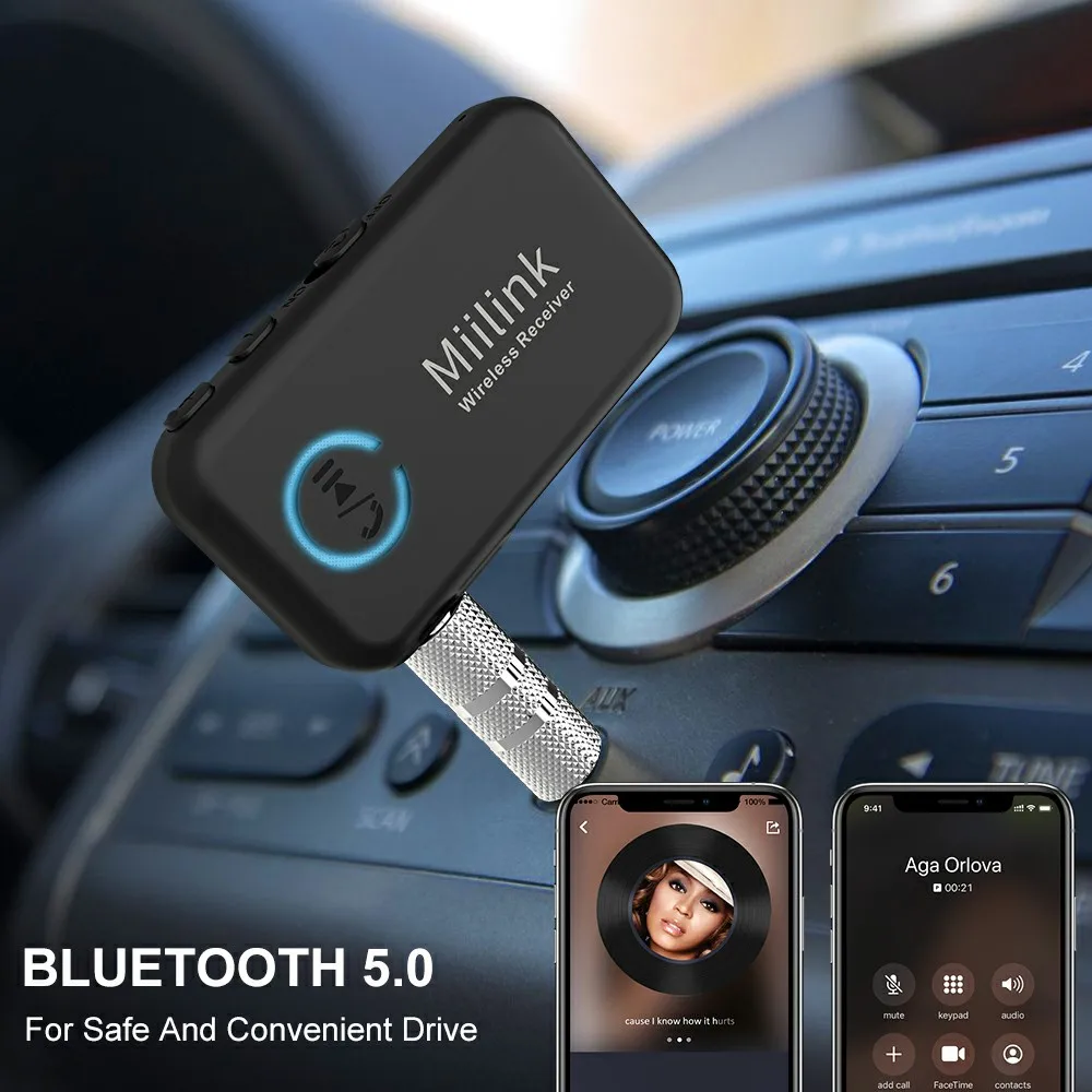 1Mii ML100 Bluetooth-compatible 5.0 Receiver Car With Mic 14H Long Battery 3.5mm Aux BT Adapter for Car Headphone Speaker
