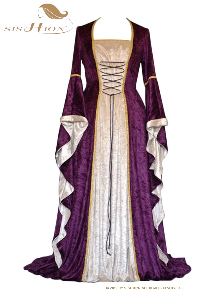 

SISHION Velvet Flared Sleeve Retro Medieval Costume Dress VD3664 Drama Victoria Party Lace Up Patchwork Women Dresses