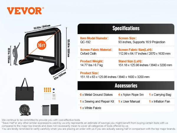 VEVOR Inflatable Movie Screen 14/16 FT Inflatable Projector Screen for Outside w/ Blower for Outdoor Party Backyard Movie Night projector screen projection screen