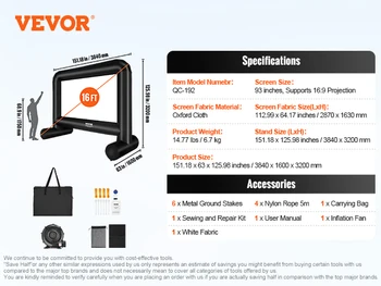 VEVOR Inflatable Movie Screen 14/16 FT Inflatable Projector Screen for Outside w/ Blower for Outdoor Party Backyard Movie Night 6