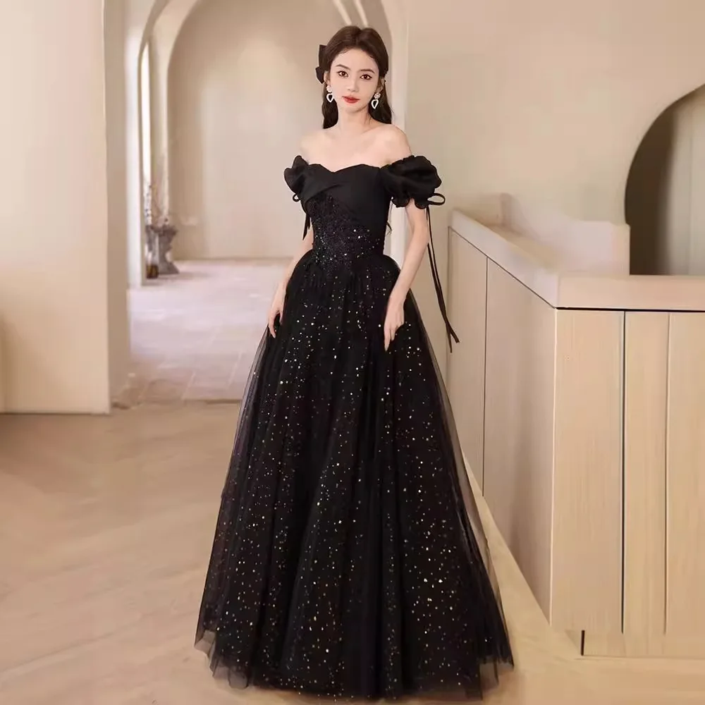 

Sequin Black Evening Dress French Puff Sleeves Off Shoulder Cocktail Party Gown Elegant Lace Up Long Wedding Bridesmaid Dresses