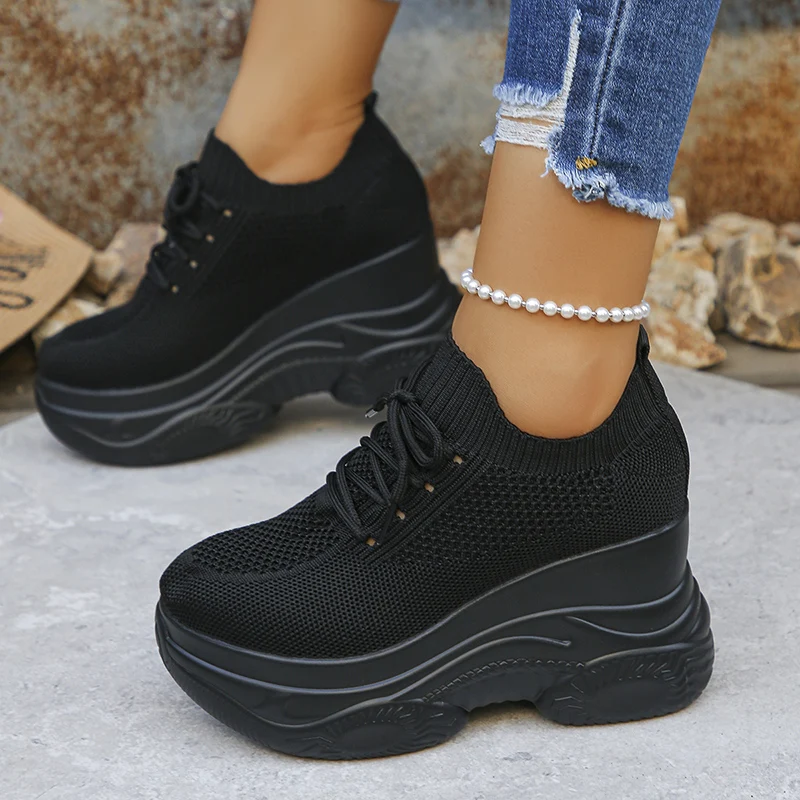White Knitted Wedge Heels Women Spring Autumn Breathable Chunky Platform Sneakers Woman Slip On Mesh Running Shoes 42_desvips.com