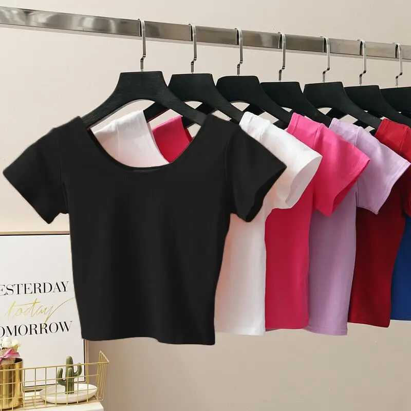 11 Colors Solid Crop Top Women T-Shirt Cropped Slim High Waist Short Sleeve Basic Summer Clothes Tops Woman Free Shipping Tee