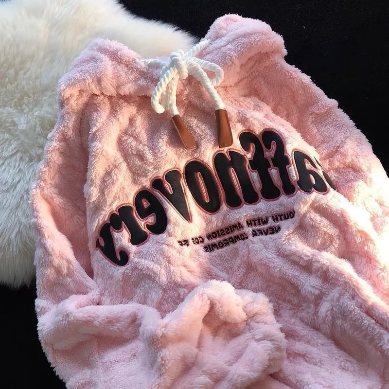 Loose Retro High Sense Hoodie 2024 Cute and Gentle Letter Embroidery Plus Velvet Thick Lamb Wool Sweater Women Autumn and Winter