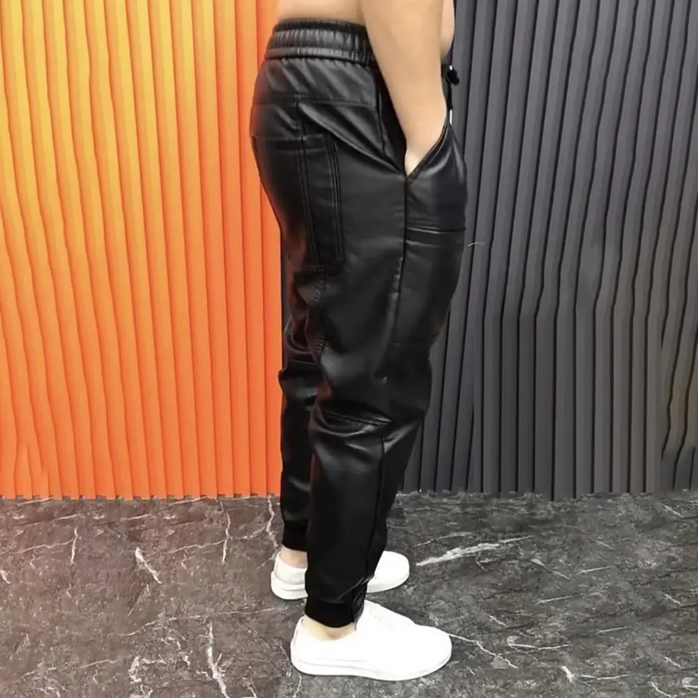 Black Elastic Waist Pants Stylish Men's Faux Leather Pants With Pockets Stretchy Waist Motorcycle Style Trousers For Spring Fall men trousers leather pants
