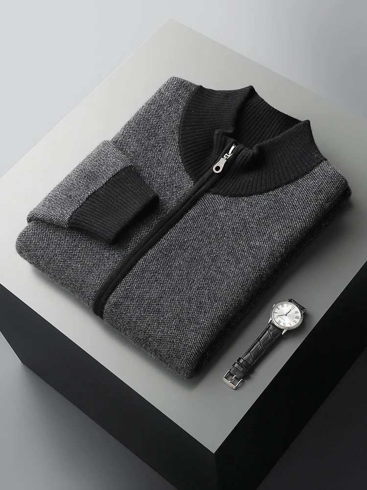 Autumn Winter Thick Men Sweater 100% Cashmere Long Sleeve Mock-neck Zipper Cardigan Soft Warm Large Size Knitwear Men Clothing 5