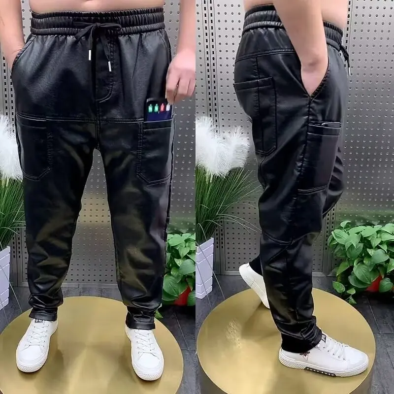 Male Leather Pants Men's Hip Hop Harem Loose Trousers Outdoor Jogger Sweatpants Male Slim Leather Pants Men's Clothing PU Pants 4