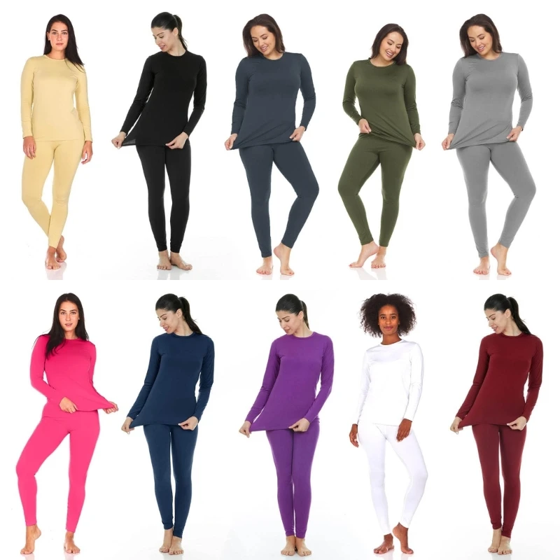 

Womens Thermal Underwear Set Winter Autumn Warm Base Layer Set Seamless Stretch Solid Color Long Johns for Cold Weather