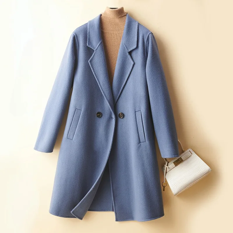 2023 Winter New Women Double-Sided Wool Overcoat Female Mid-Length Temperament Slim Fit Woolen Outwear Pure Color Casual Outcoat