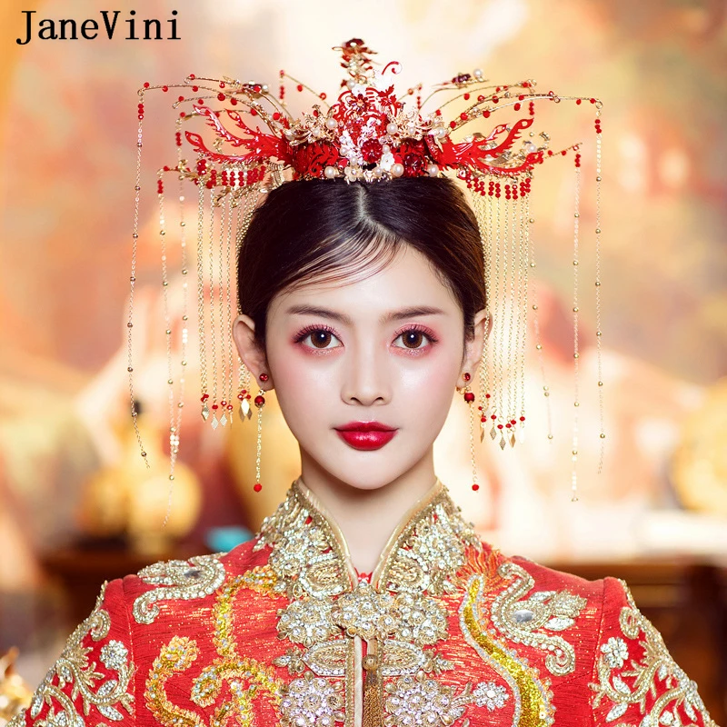 

JaneVini Luxury Chinese Wedding Bride Crowns Tiaras Red Pearl Beaded Flower Headband for Bride Headpiece Tassel Hair Jewelry Set