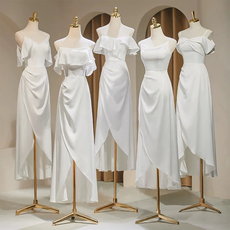 

White Bridesmaid Dresses Satin Spaghetti Straps High Low Formal White Long Evening Dresses Wedding Party Dress Vestido Fiesta