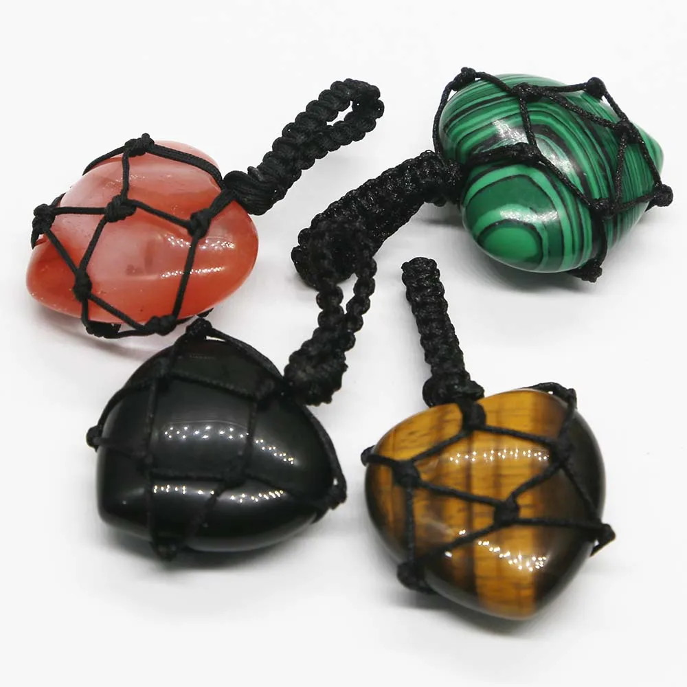 Natural Stone Crystal Agate Hand Knotting Peach Heart Necklace Pendant Charm Fashion DIY Jewelry Gift Accessories Wholesale 4Pcs