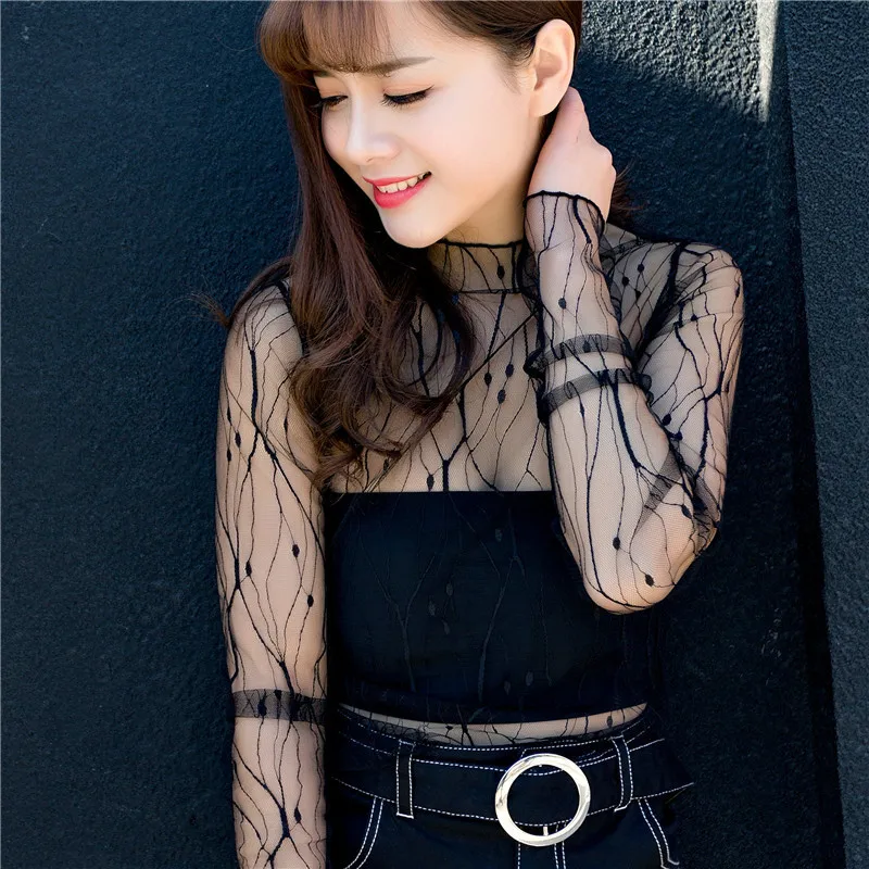 女性レース花 Tシャツ透明メッシュレディーストップスシアー