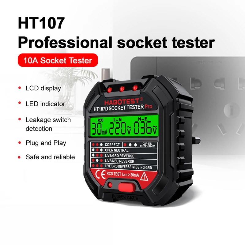 HT107D Socket Tester Digital Plug AC Voltage Detect RCD Test Socket Detector EU Plug Ground Zero Line Plug Polarity Phase Check 5